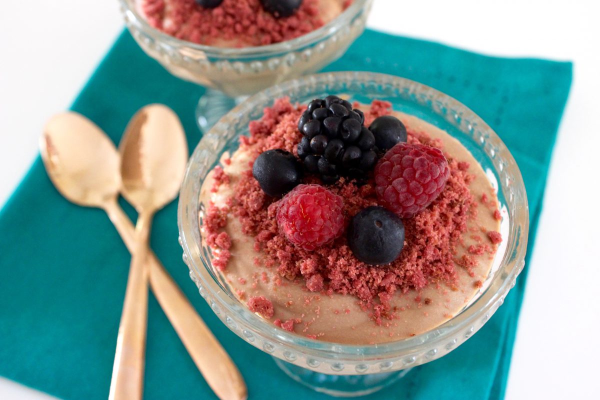 decadent chocolate mousse with red velvet berry crumble
